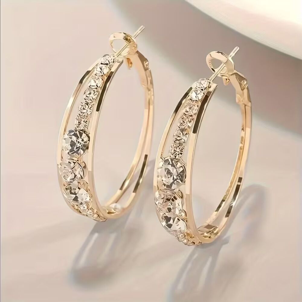Elegant Clear Zirconia Crystal 1" Hoop Earrings Channel Set Gold Gemstone Secure